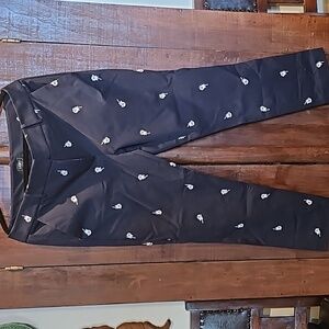 ANN TAYLOR LOFT MARISA WOMENS STRAIGHT LEG TROUSER SZ 12 NAVY WITH WHITE ROSES